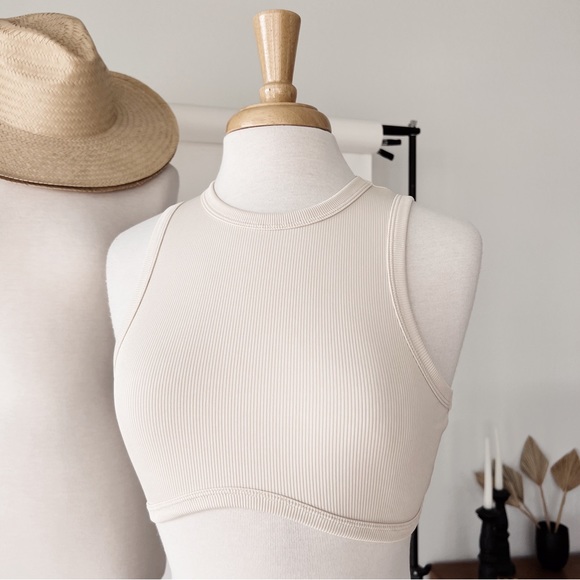 CREAM RIBBED KNIT STRETCHY CROP TOP - Picture 2 of 10